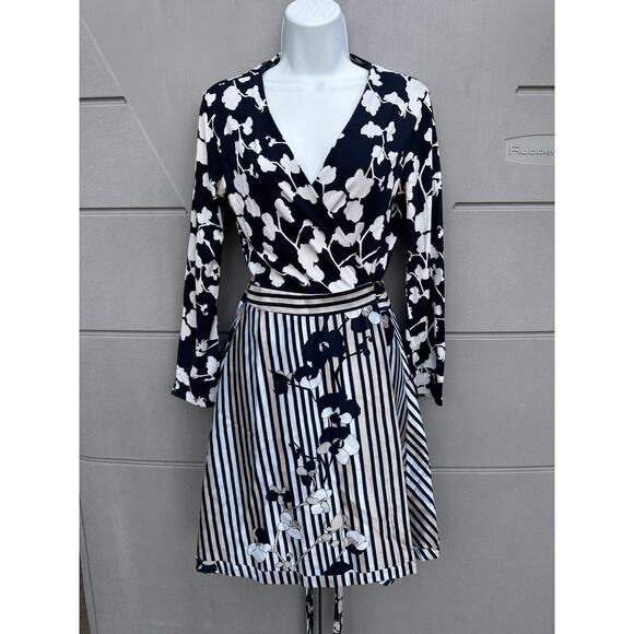 DVF Diane von Furstenberg AMELIA Floral Stripe Wrap Dress Sz 8 FLAWS Preppy Silk - Picture 4 of 14